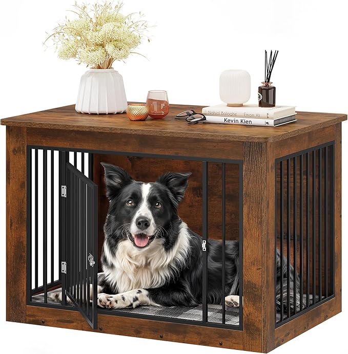 YITAHOME Dog Crate Furniture for Large Dogs, Side End Table, Modern Dogs Kennel Indoor up to 60 lb, 2-in-1 Iron-Wood Fusion Dog Cage with Waterproof Top, Safety Corners, Steel Lock,38"L, Rustic Brown
