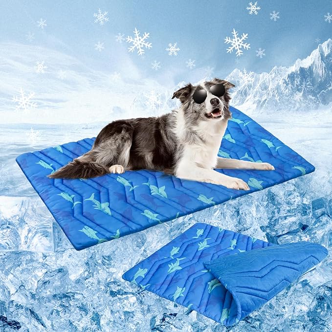 BEAUTYZOO Dog Cooling Mat- Upgraded Thicken Cooling Mat for Large Dogs Reversible(Cool & Warm) Pet Ice Cool Bed Washable & Portable, Summer Crate Pad for Big Dog Puppy Up to 80 lbs, Shark Blue 48X28IN