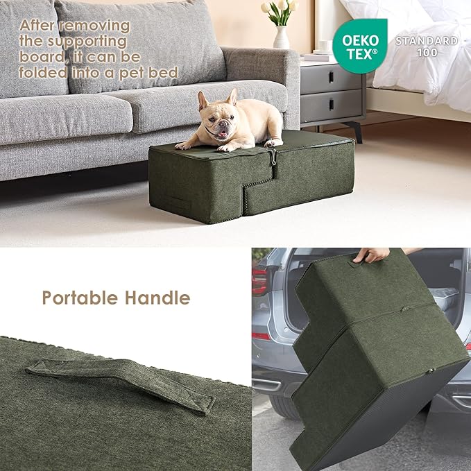 EHEYCIGA Dog Stairs for Bed 18" H, 4-Step Dog Steps for High Bed, Pet Steps for Small Dogs and Cats, Non-Slip Balanced Pet Ramp Indoor, Olive Green