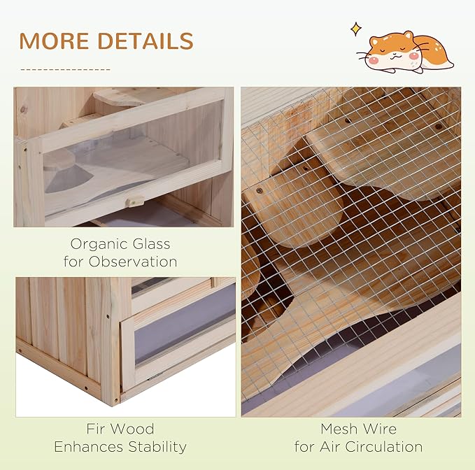 PawHut 2-Level Hamster Cage Mice and Rat House, Small Animal Habitat for Chinchillas with Openable Top, Front Door, Shelf and Ladder, Natural