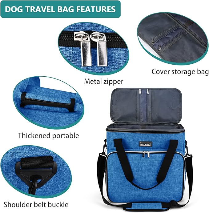 BAGLHER Dog Travel Bag, Pet Travel Bag (ALL Pet Travel Supplies), With 2 Pet Food Containers and 2 Collapsible Silicone Bowls; Essential Kits for Pet Travel Blue