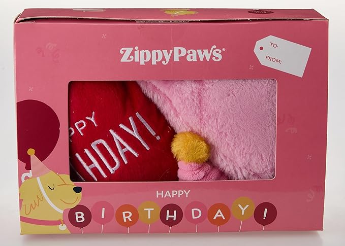 ZippyPaws Birthday Box - Dog Squeaky Toys to Keep Them Busy, Funny Food Plush for Small, Medium, & Large Dogs, Cute Stuffed Puppy Toy & Hat, Pet Products, Gift for Dogs of All Breeds - 3-Pack, Pink