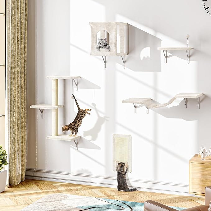 NUNU LAB Cat Wall Shelves, 10-in-1 Wall-Mounted Cat Furniture Set, Large Cat Climber Set with House, Bridge, Steps, Scratcher, DIY Playground, Shelves for Indoor Wall Furniture Set - Beige