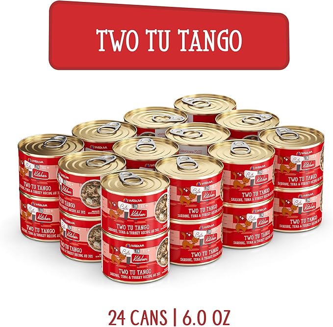 Weruva Cats in The Kitchen, Two Tu Tango with Sardine, Tuna & Turkey Au Jus Cat Food, 6oz Can (Pack of 24)