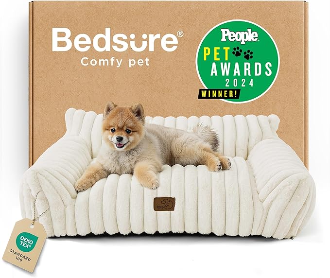 Bedsure Cute Cat Couch for Pets - Fluffy Small Dog Sofa with Premium Soft Corduroy Fleece, Pet Sofa with Removable Washable Cover, Supportive Dog Couch Bed for Small Medium Dogs, 30inch, Cream