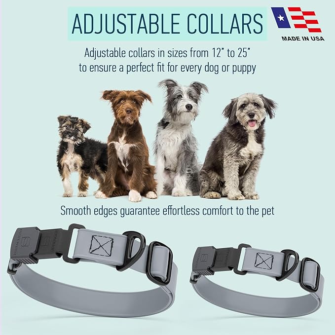 Dogline Biothane Waterproof Dog Collar with Herm Sprenger Stainless Steel Quick Release Buckle – Heavy Duty Tactical Durable Collar for Dogs – Comfortable and Safe Pet Collar, W 3/4" L 12-19", Gray