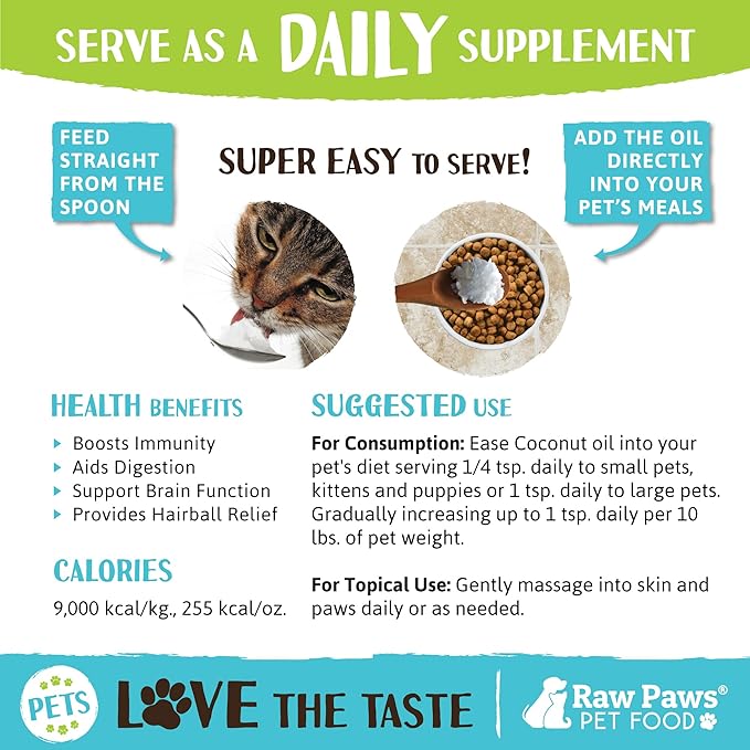 Raw Paws Virgin Organic Coconut Oil for Dogs & Cats, 8-oz - Treatment for Itchy Skin, Dry Nose, Paws - Hot Spot Lotion for Dogs - Natural Hairball Remedy for Cats