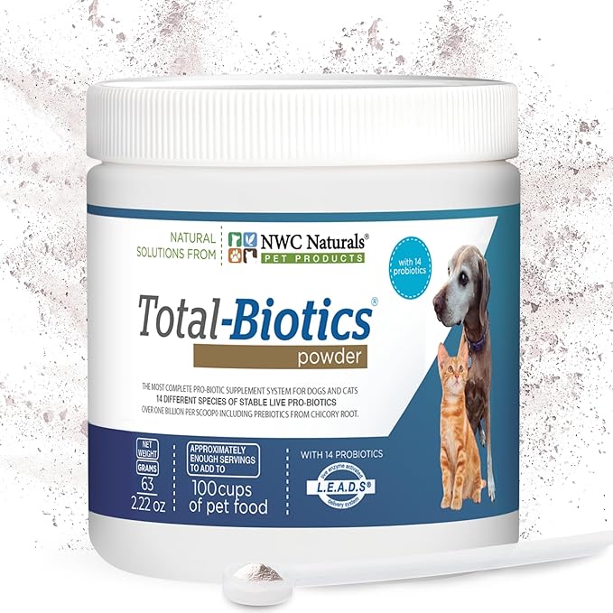 NWC Naturals Total-Biotics, Cat & Dog Probiotics for Digestive Health with Prebiotic, Unflavored Probiotic for Dogs & Cats, Supplement for Gut, Skin, Coat, Stomach Relief, 100 Servings, 2.22 Ounces