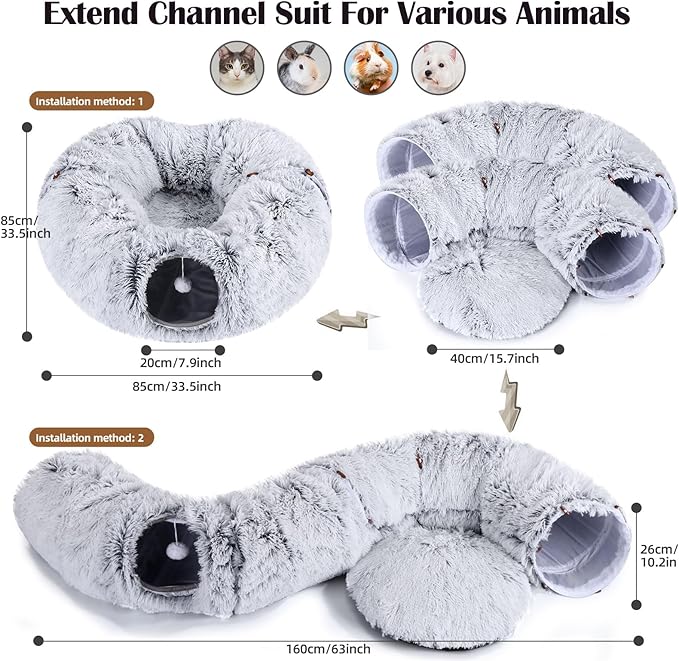 Odoland Cat Tunnel Bed with 20 Cat Toys - Indoor Plush Kitten Couch, Detachable Cats Cave Donut Tunnel & Soft Kitten Toy Set - Cozy Cat Furniture, White