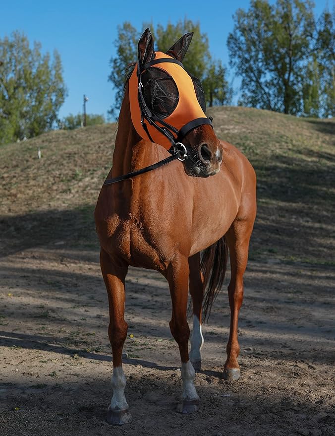 Horse Fly Mask with Ears, UV Protection Mask for Horses, Elasticity Mask with Big Mesh Eye Covers, Snug Fitting Comfortable Breathable Lightweight Red Orange Full Size