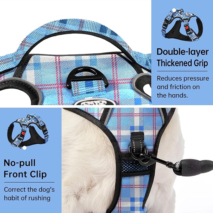 IVY&LANE No Pull Dog Harness with Leash Set, Reflective No Choke Pet Vest,Adjustable Oxford Dog Vest Harness with Easy Control Handle for Small Dogs (Checkered Blue,S)
