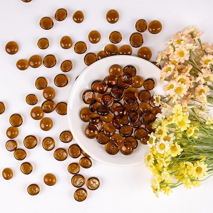 1LB Glass Marbles, Transparent and Smooth Flat Glass Beads for Vases, Mosaic Gem Pebbles for Aquarium Decor, Floral Arrangements, Mancala Stones, Vase Filler and Crafts, Brown