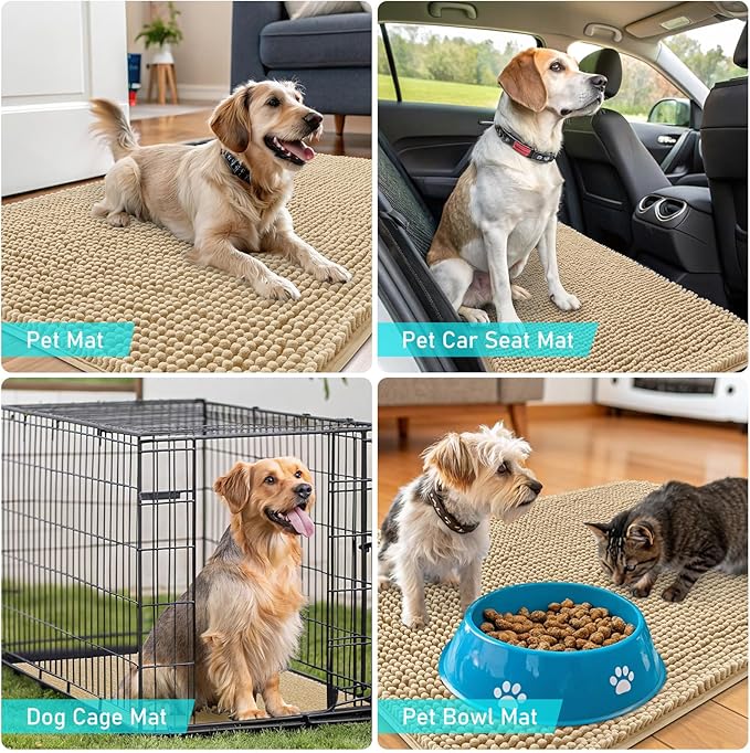 OLANLY Dog Door Mat Set 4-Piece 30x20, Absorbs Moisture and Dirt, Absorbent Non-Slip Washable Doormat, Quick Dry Chenille Mud Mat for Dogs, Entry Indoor Entryway Carpet for Inside Floor, Beige