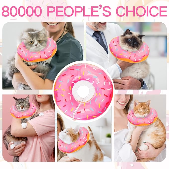 Cat Cone Collar Soft, Cute Cat Donut Collar After Surgery, Adjustable Kitten Recovery Cones to Stop Licking, Lightweight Neck Elizabethan Collars for Cats Kittens (Pink, Medium)