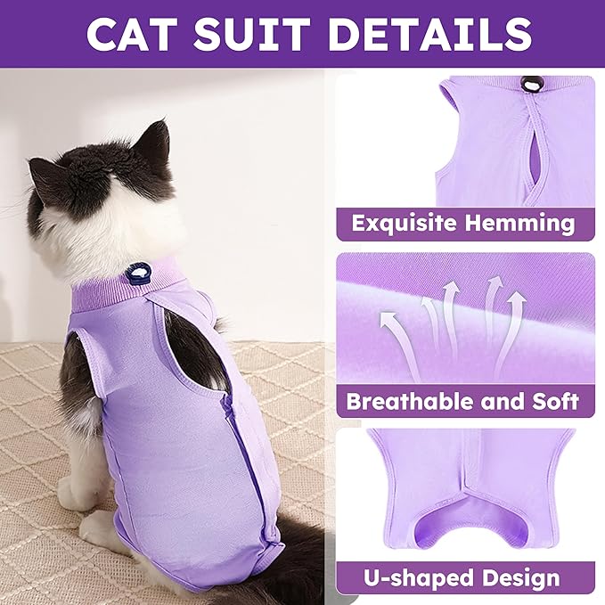 Cat Recovery Suit for Abdominal Wounds or Skin Diseases,Kitten Onesie for Cats After Surgery Wear Surgical Spay Suit for Female Cats Kitten Cone of Shame Alternative-Purple(S)