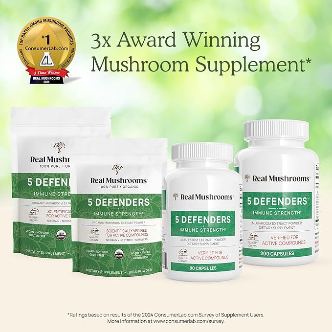 Real Mushrooms 5 Defenders Mushroom Complex Powder – Organic Mushrooms Extract from Chaga, Reishi, Turkey Tail, Maitake & Shiitake Mushroom Blend for Wellness Support with Beta Glucans - 100 Servings