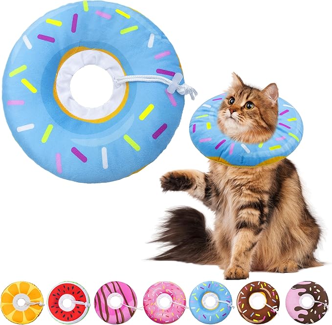 Cat Cone Soft Collar,Adjustable Cat Recovery Collars Kitten Cones to Stop Licking, Cute Donut Neck Collar After Surgery, Elizabethan Kittens Protective Cones After Spay (Donut Blue, Large)