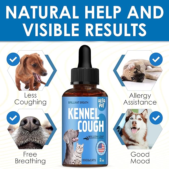 Dog Cough Treatment Liquid • Kennel Cough for Dogs & Cats • for Breathing During All Life Cycle • Marshmallow Root + Mullein Leaf in The Composition • Natural Supplement for All Breeds • 2 Oz