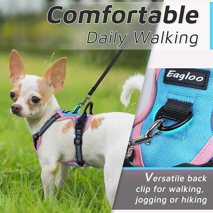 Eagloo Small Dog Harness No Pull, Service Vest with Reflective Strips and Control Handle, Adjustable and Comfortable for Walking, No Choke Pet Harness with 2 Metal Rings, Pink & Blue, XS
