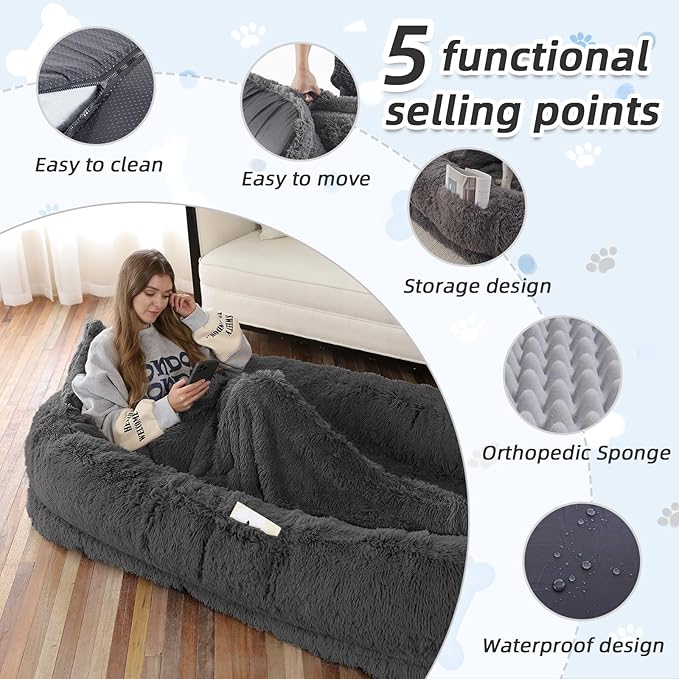 Human Dog Bed, 71''x45''x12'' Size Fits You and Pets, Washable Faux Fur Pet Bed for People Doze Off, Napping Orthopedic Dog Bed, Present Plump Pillow, Blanket, Strap - Dark Grey