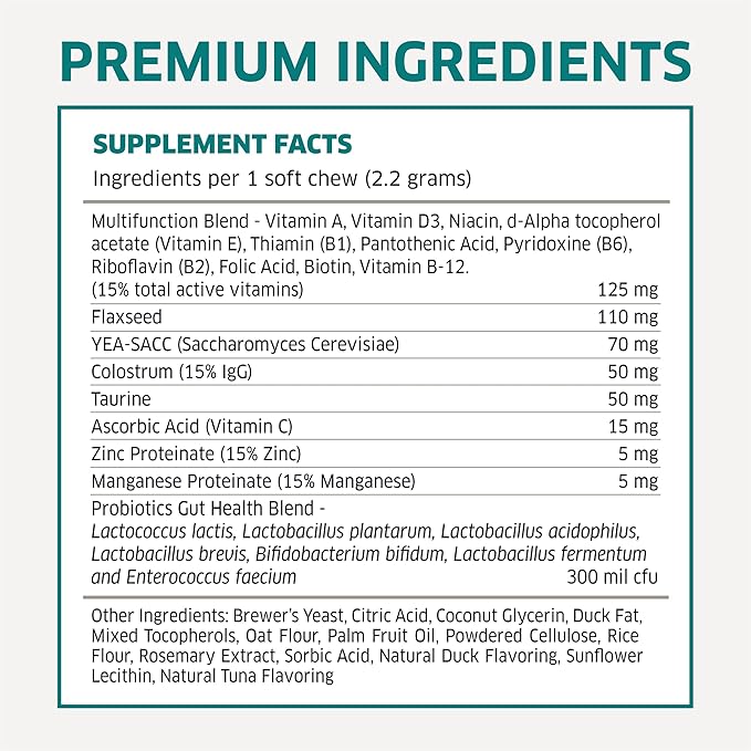 Dog Multivitamin - Dog Vitamins and Supplements - Digestive Enzymes & Probiotics - Probiotics for Dogs - for Skin and Coat Allergies - Immune System & Overall Health - 120 Soft Chew Dog Treats