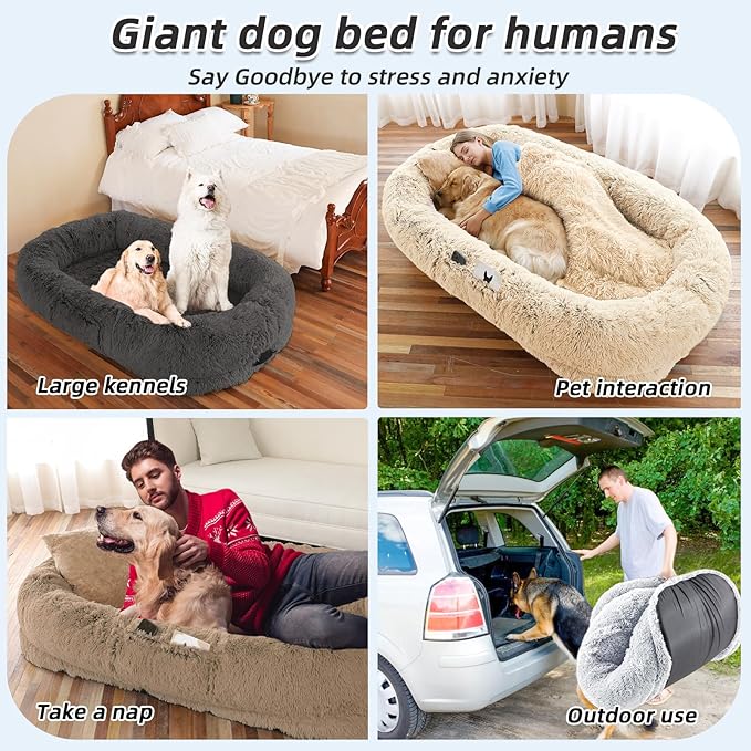 Human Dog Bed, 71''x45''x12'' Size Fits You and Pets, Washable Faux Fur Pet Bed for People Doze Off, Napping Orthopedic Dog Bed, Present Plump Pillow, Blanket, Strap - Dark Grey