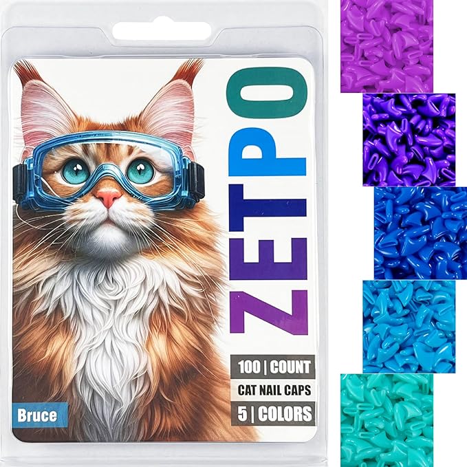 zetpo 100 pcs Cat Nail Caps | Cat Claw Covers | with Adhesives and Applicators (L, Purple, Violet, Blue, Sky Blue, Turquoise)