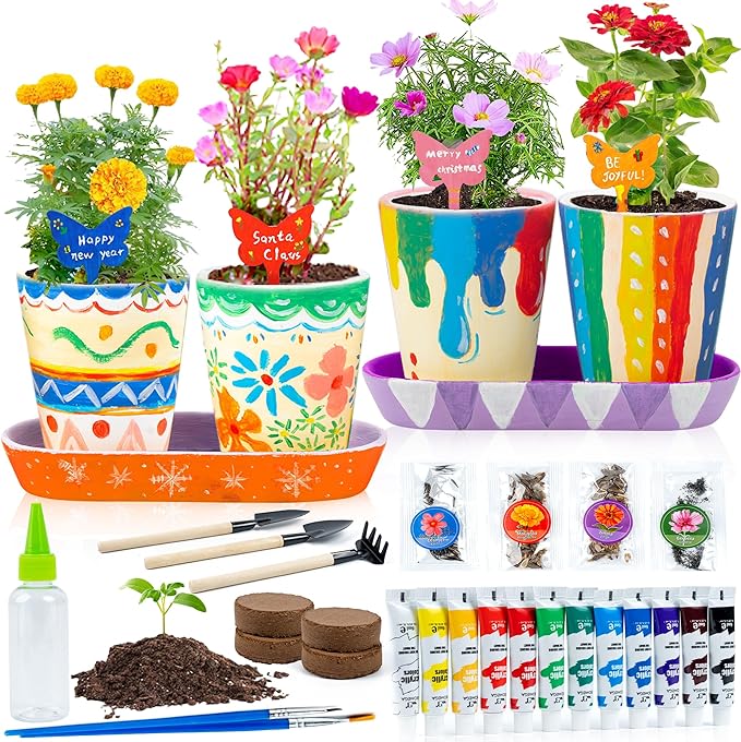 RGBDOT Kids Gardening Set Paint and Plant Stoneware Flower Gardening Kit with 4 Pots Arts and Crafts for Kids Ages 8-12 Best Children’s Day Gift for Girls Boys Ages 5 6 7 8 9 10