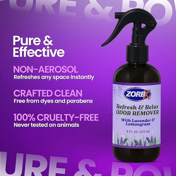 ZORBX Refresh & Relax Odor Remover Spray with Lavender & Lemongrass 8 Oz (Pack of 2) – Permanent Solution Room Freshener & Air Freshener Spray for Home, Bathroom, Furniture, Carpet, Car, Gym & Laundry