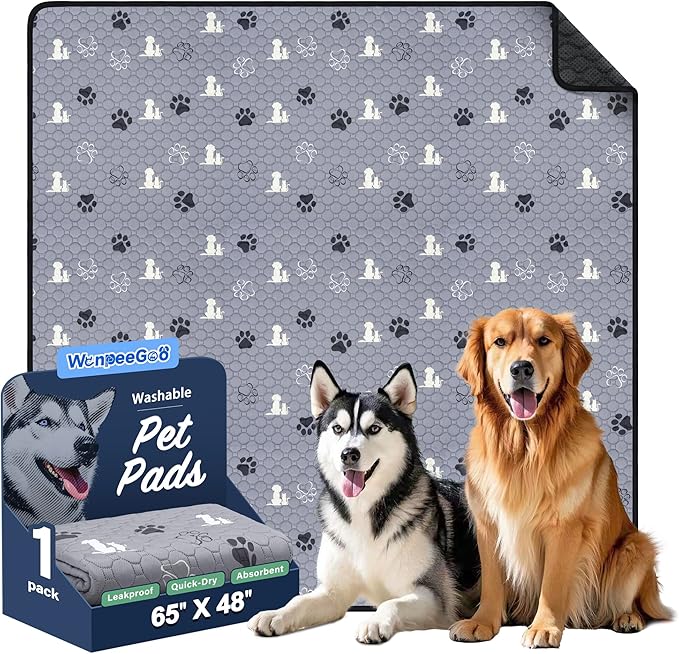 Washable Pee Pads for Dogs, Extra Large Dog Mat, Absorbent Reusable Training Dog Pads Pet Puppy Pads, Non-Slip Potty Pads for Whelping, Playpen, Crate, Bed, Grey 65"x48"