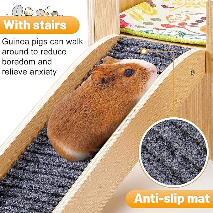 Upgraded Guinea Pig Castle, Sturdy Wooden Guinea Pig Hideout, Small Animal House Bed Hut Habitats with Stairs, Easy to Assemble for Hamsters Bunny Chinchillas Playing Hiding