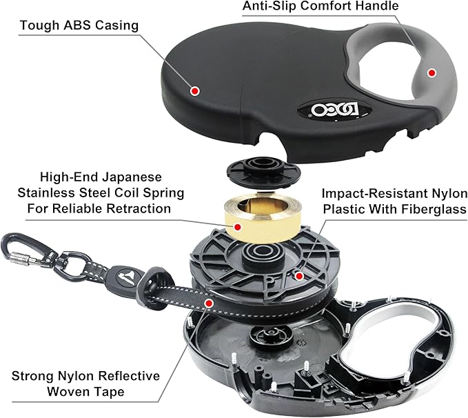 DOCO Retractable Dog Leash for Large Dogs (Length - 16’, Weight - Upto 110lb) Reflective Tape Lead with Stop and Lock Control, Tangle Free 360° Swivel Snap & Anti-Slip Grip (Red, Large)