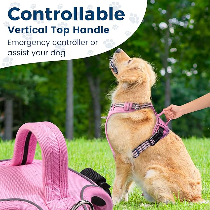 Funfox Dog Harness No Pull, Adjustable Pet Vest Harness, Super Soft Material with Vertical Handle Easy Control, Reflective Night Walking, 2 Leash Clips for XLarge Dogs, Pink, XL