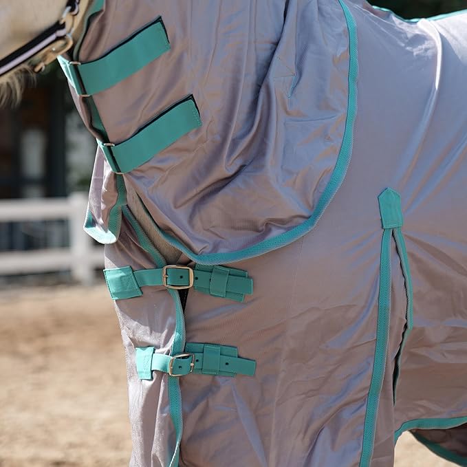 Horse Fly Sheet with Detachable Neck Cover & Belly Wrap, Adjustable Fly Sheet for Horses, Ventilated Airflow Mesh Equine Cooling Summer Flysheet Grey 81