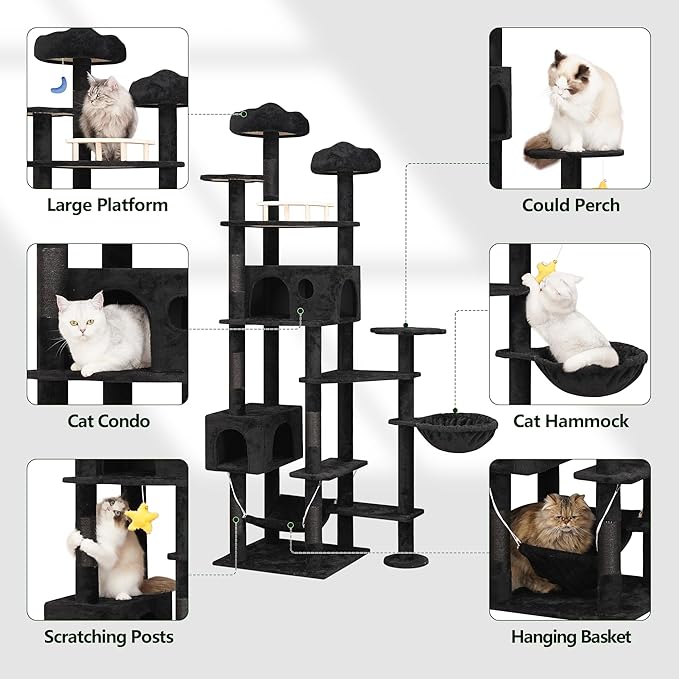 85inch Giant Cat Tree for Heavy Duty Big Cats, Multi-Level Luxury Cat Tower with Scratching Post, Cat Condo with Hammocks & Plush Perches for Indoor Cats Large Adult, Black