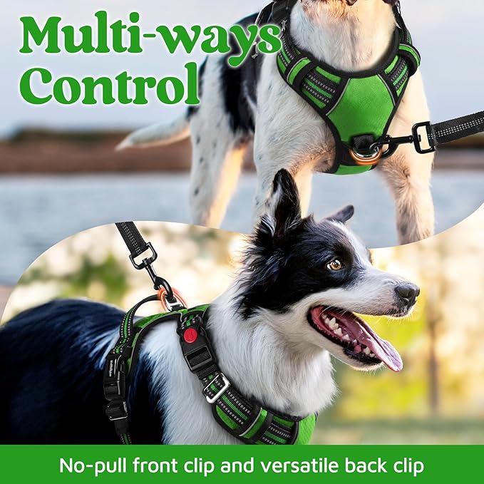 rabbitgoo Dog Harness Medium Sized, No Pull Dog Vest with 3 Buckles, Adjustable Soft Padded Pet Harness with Easy Control Handle and Reflective Strips, Green, M