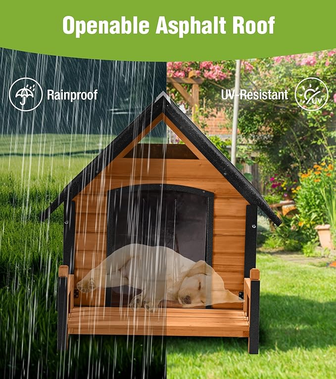 GUTINNEEN Dog House Outdoor Weatherproof with Porch, Puppy Shelter Indoor with Anti-Bite Design, PVC Curtain, Asphalt Roof, Elevated Waterproof Base, for Small to Medium Dogs - Brown