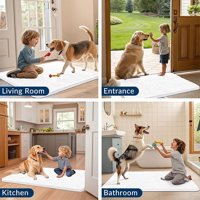 Smiry Dog Door Mat for Muddy Paws 36x24, Absorbs Moisture and Dirt Doormat, Non-Slip Washable Quick Dry Chenille Front Door Mat Indoor Entrance, Entryway Carpet for Inside Floor, White