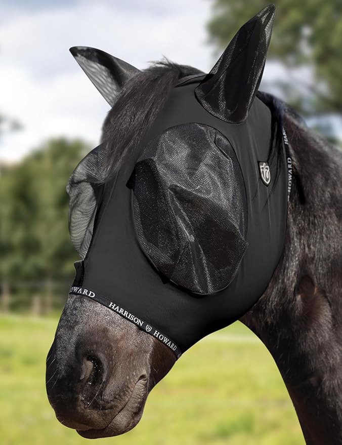 Harrison Howard Horse Fly Mask with Forelock Opening Stretch Breathable and Comfortable for Horses UV -Protection Black M