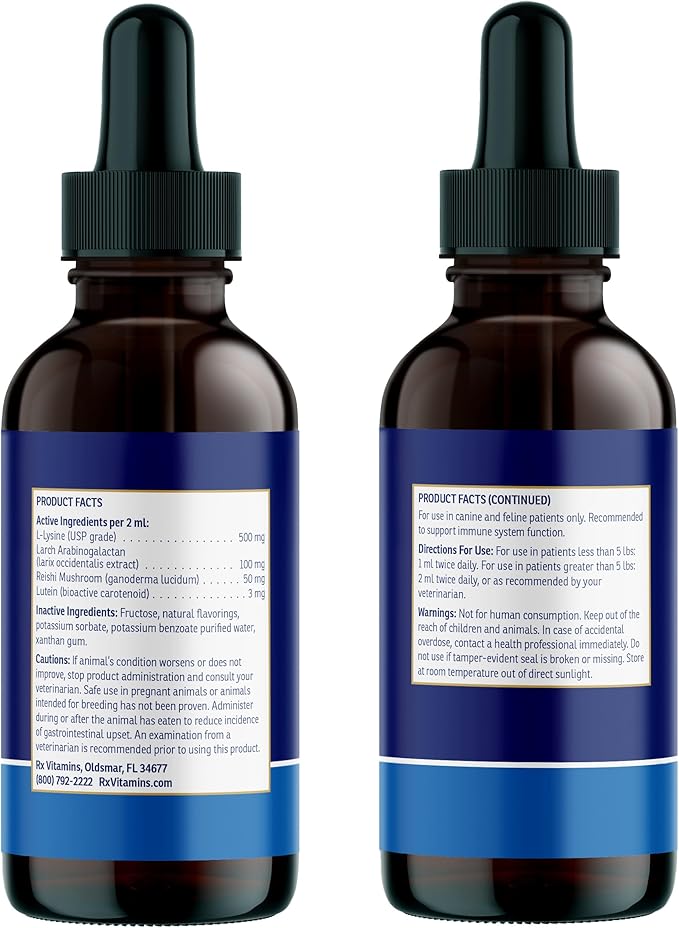 Rx Vitamins Liquid Immuno Dog & Cat Immune Support - Reishi Mushroom Supplement for Dogs & Cats Plus L-Lysine for Cats - Ideal Dog Eye Supplements, Immunity Booster Cat Supplements - 4 oz