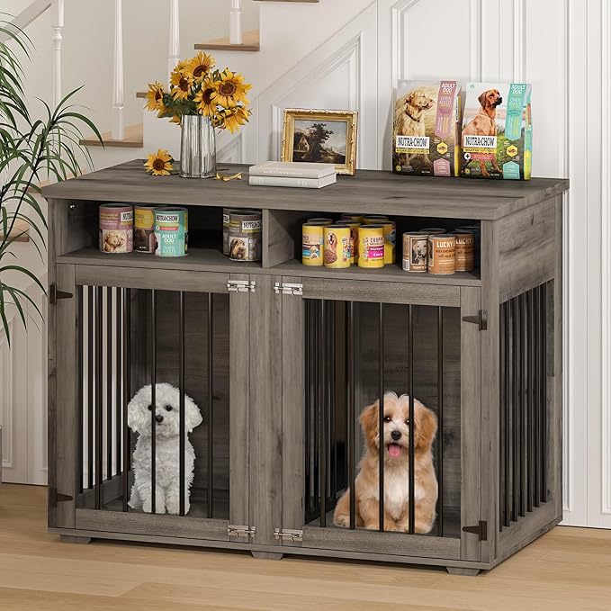 Furniture Dog Crate for 2 Dogs, 41 Inch Dog Kennel Furniture with Removable Divider and Shelf Storage, Wooden Dog Crate for Small/Medium Dogs, Grey