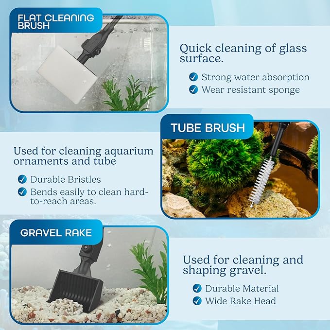 Aquarium Cleaning Tools 7 in 1 - Fish Tank Cleaning Kit with Algae Scraper, Scrubber Pad, Adjustable Telescopic Long Handle, Fish Net, Gravel Rake, Fork & Brush - Saltwater & Freshwater Tank