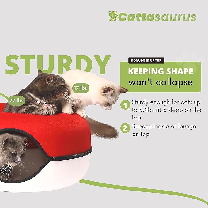 CATTASAURUS Peekaboo Cat Cave for Multiple & Large Cats Up to 30-45 Lbs, Scratch Detachable & Washable Tunnel Bed, Comfy Donut Cat Cave (Ruby Snowball, Large)