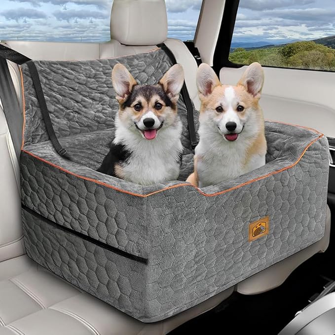 Dog Car Seat for Medium/Large Dog Booster Seat Under 60 lbs or 2 Small Dogs, Multi-Functional Pet Car Seat with Thick Cushion, 2 Safety Leashes (Gray)