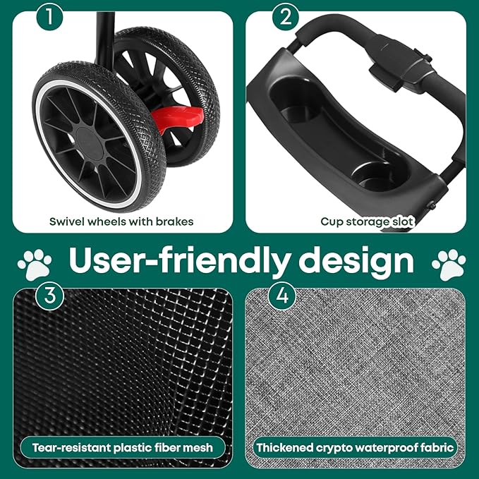 Pet Stroller,Dog Stroller for Small Medium Dogs Cats,3 Wheels,Foldable,with Breathable Mesh Canopy,Cup Holders,Easy Assembly,Grey