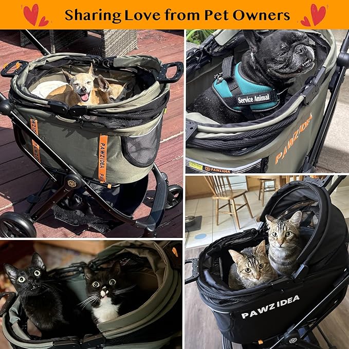 PAWZIDEA Dog Stroller 4 in 1, Pet Stroller for Cats with Detachable Carrier for Small/Medium Dogs/Cats, Seatbelt Car Seat Combo, Cozy House, Foldable & Lightweight Jogger Strollers, Storage Basket