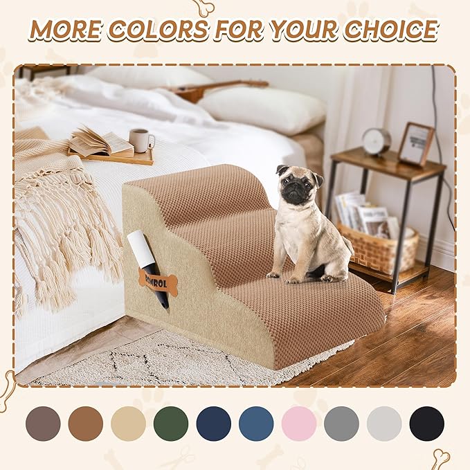 Romrol Dog Stairs Ramp for Beds Couches, Extra Wide Pet Steps with Durable Non-Slip Waterproof Fabric Cover, Dog Slope Stairs for Small Dogs and Cats or Pets Friendly, 3-Tiers, 13 Inch,Light Brown