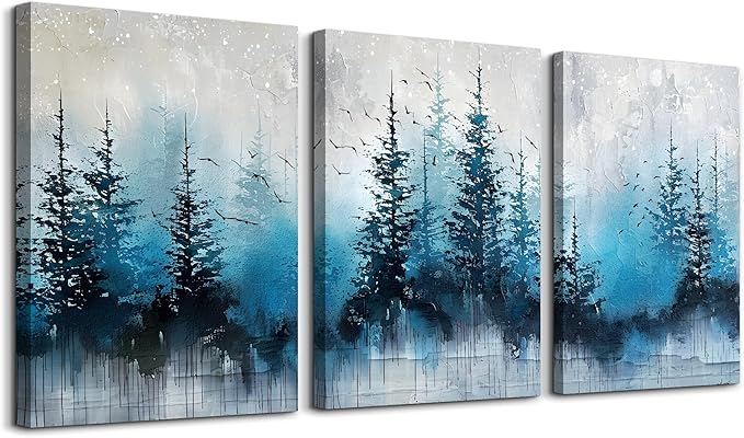 TTHYUEWS Large Canvas Wall Decor for Living Room - Boho Art for Bedroom Forest Landscape Abstract Pictures - Tree Blue Painting Artwork Office Aesthetic Decoration - Hang Easy 3 Piece