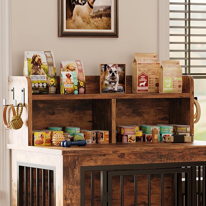 IRONCK Dog Crate Furniture, 33.4 inches Wooden Small Dog Crate with Storage and 4 Hooks, Heavy Duty Pet Crate for Small Dog, Decorative Pet Cage for Indoor (22" L x 33.4" W x 37.4" H)