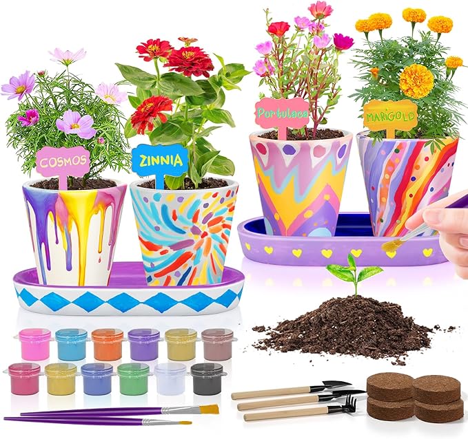 4 Set Paint & Plant Flower Gardening Kit - Gifts for Girls Ages 8-12, Arts and Crafts for Kids Ages 8-12, Kids Gardening Set, Birthday Toys Gifts for Girls Boys Ages 6 7 8 9 10 11 12
